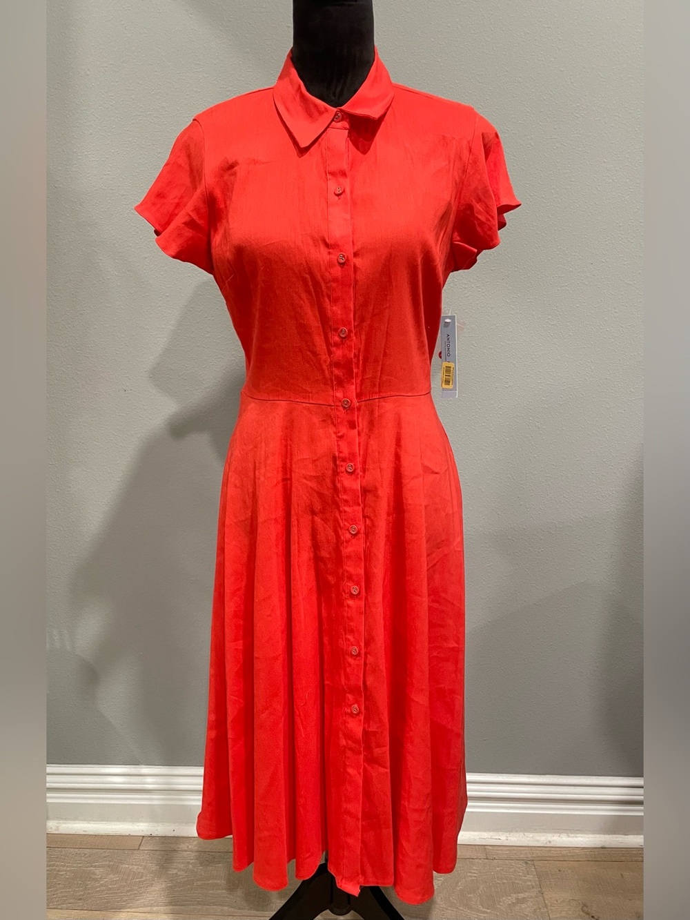 ANTONIO MELANI Linen Blend Button Up Midi Dress in Blazing Red (8) - NWT